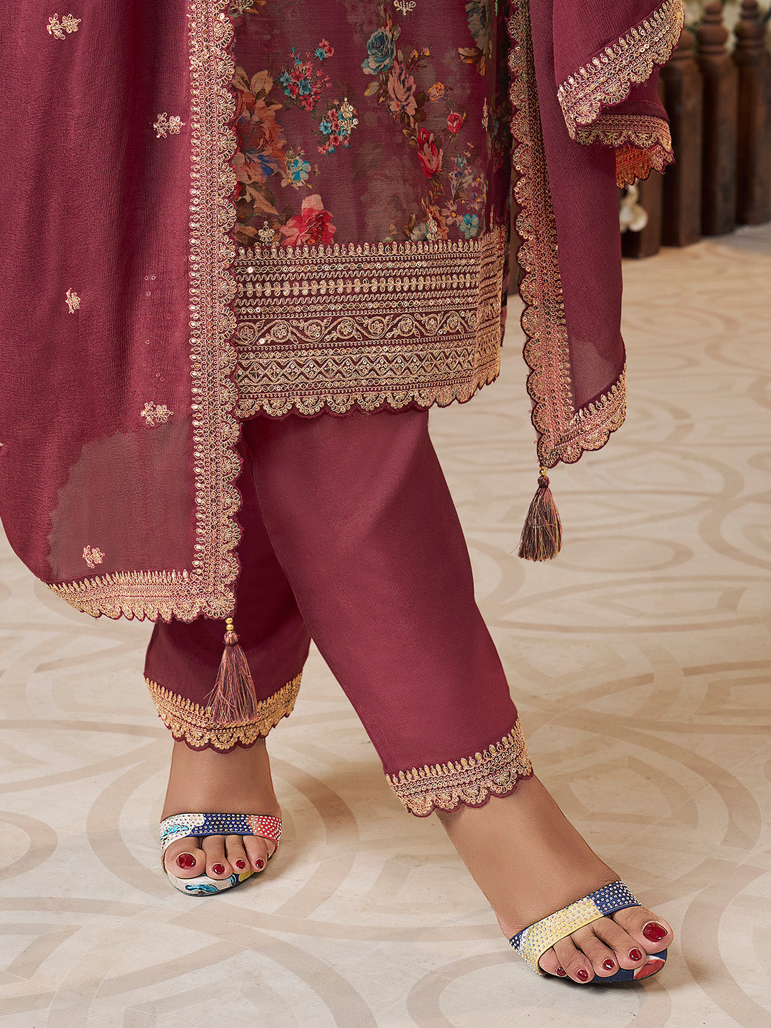 Red Chinon Floral Printed Top with Embroidery Kurta Suit Set - qivii