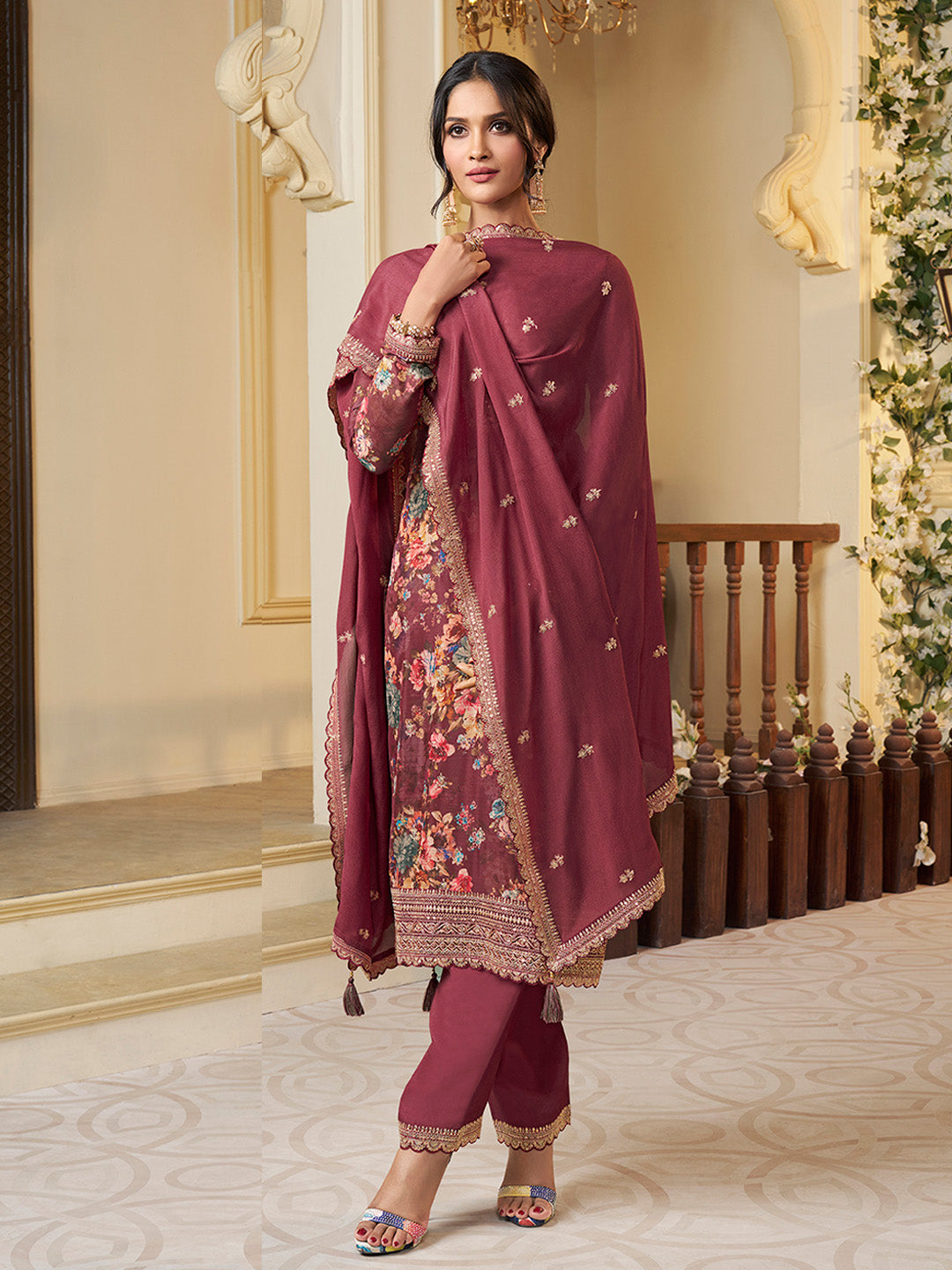 Red Chinon Floral Printed Top with Embroidery Kurta Suit Set - qivii