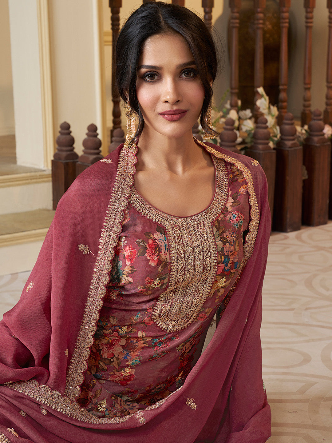 Red Chinon Floral Printed Top with Embroidery Kurta Suit Set - qivii