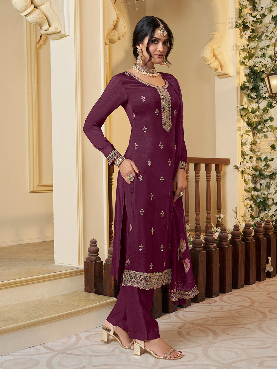 Wine Munga Silk Embroidered Top with Matching Trouser and Digital Print Dupatta - qivii