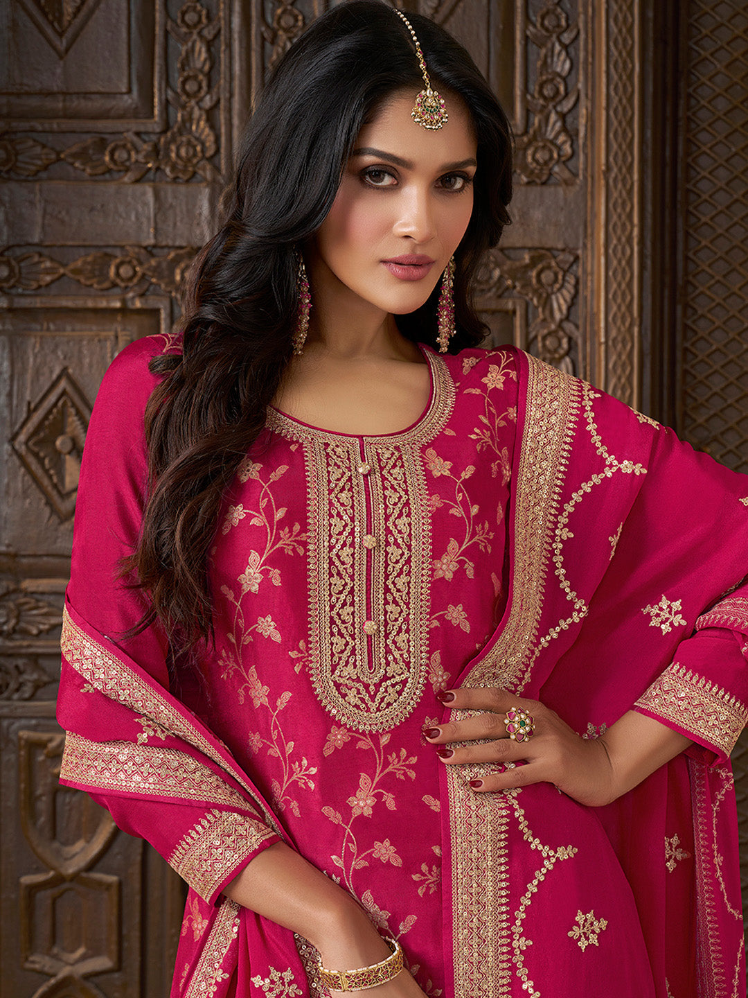 Pink Chinon Floral Jacquard Embroidered Top with Palazzo Suit Set - qivii