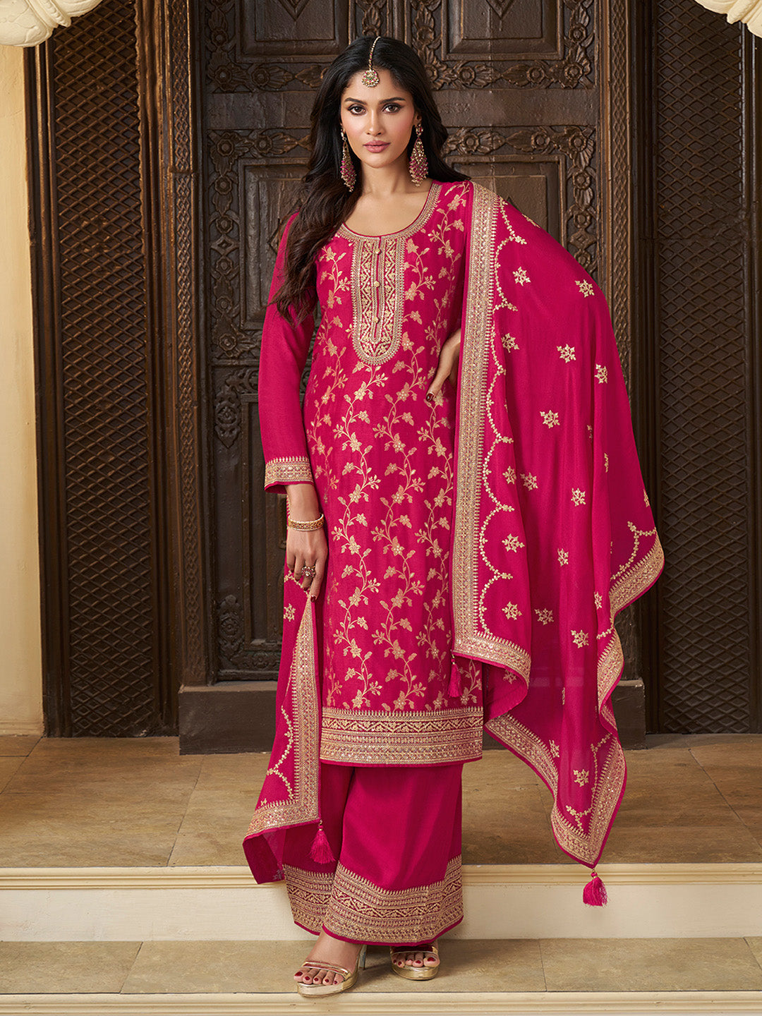 Pink Chinon Floral Jacquard Embroidered Top with Palazzo Suit Set - qivii