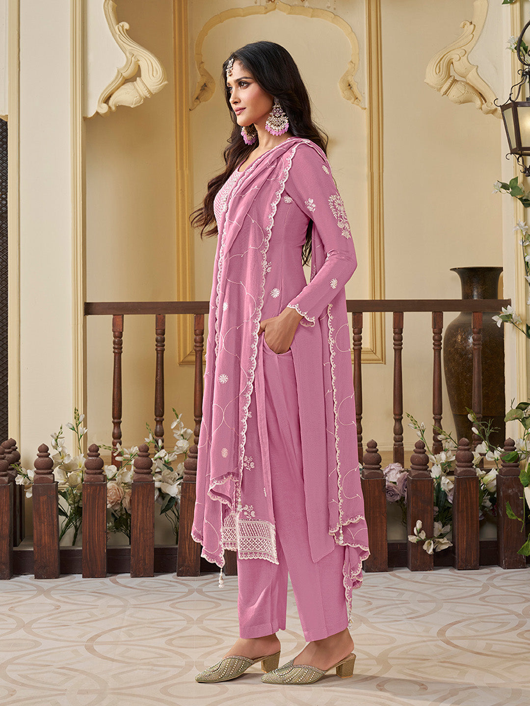 Purple Chinon Top with Thread Embroidery and Kurta Suit Set - qivii