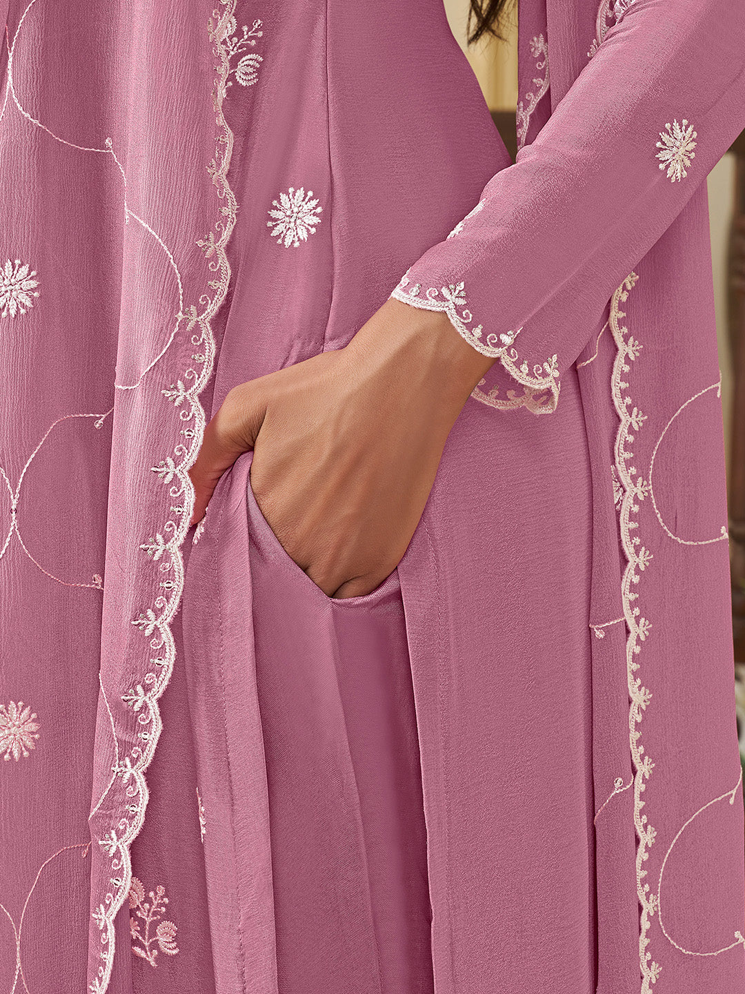 Purple Chinon Top with Thread Embroidery and Kurta Suit Set - qivii