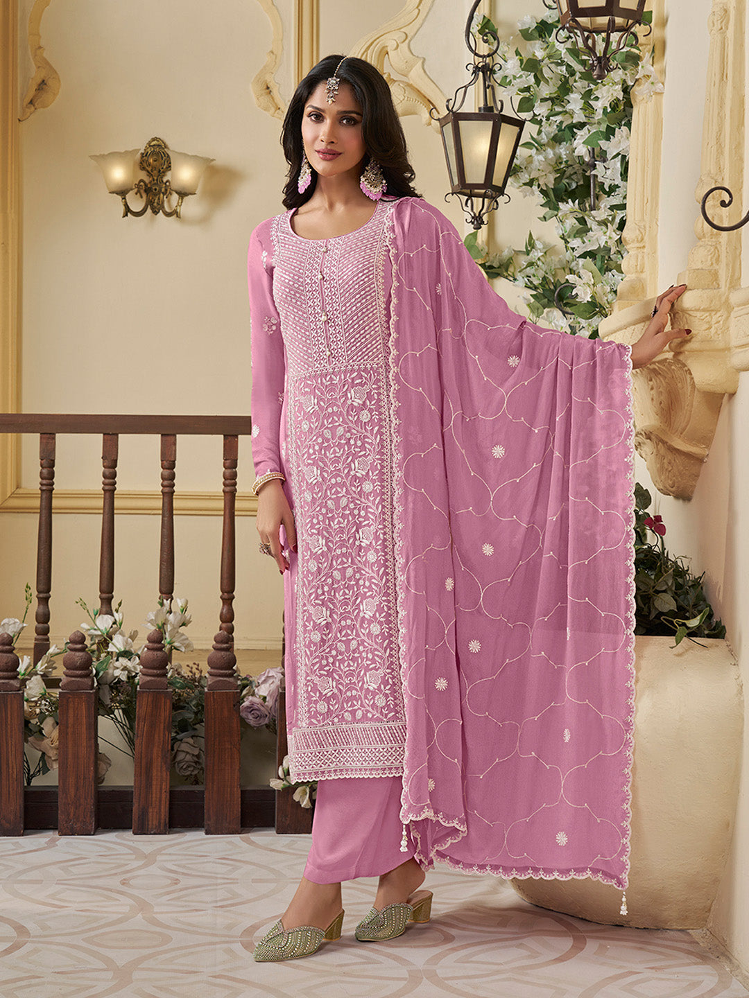 Purple Chinon Top with Thread Embroidery and Kurta Suit Set - qivii