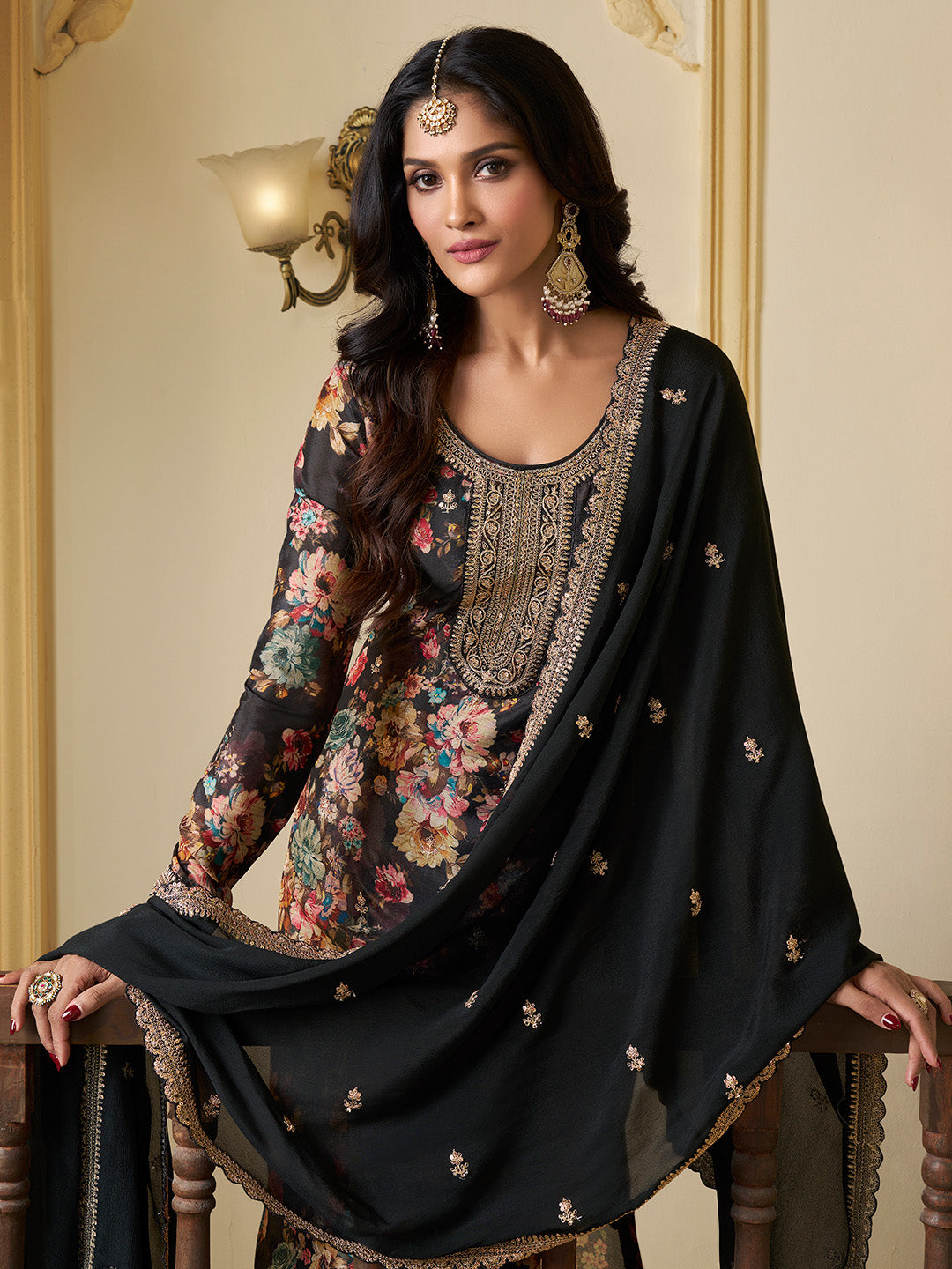 Black Chinon Floral Printed Top with Embroidery Kurta Suit Set - qivii