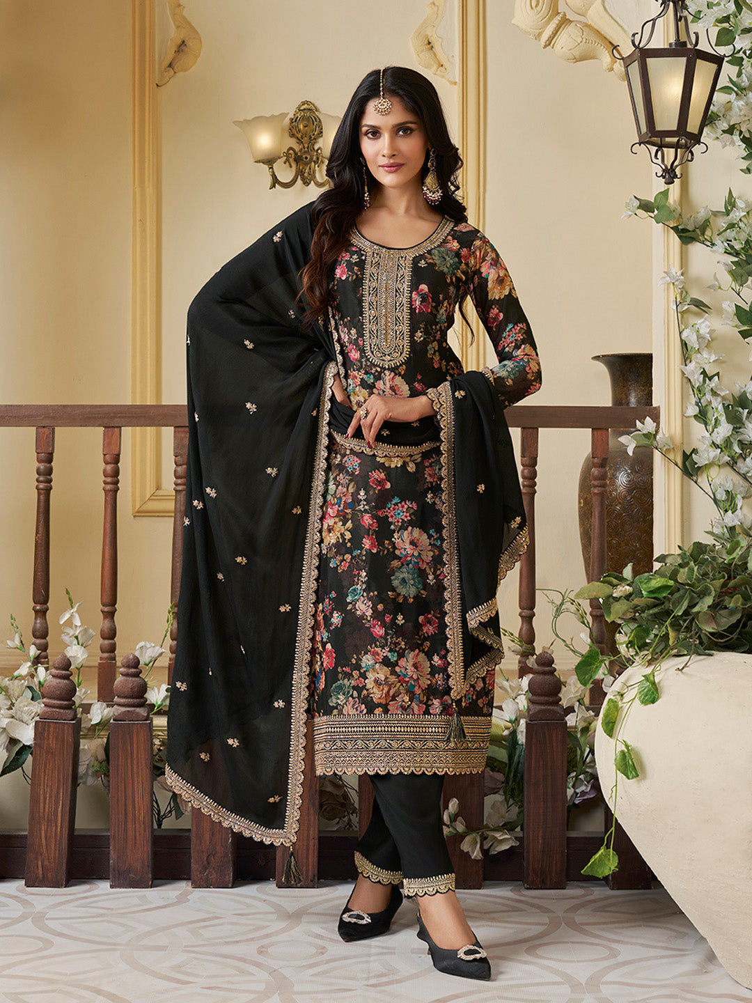 Black Chinon Floral Printed Top with Embroidery Kurta Suit Set - qivii