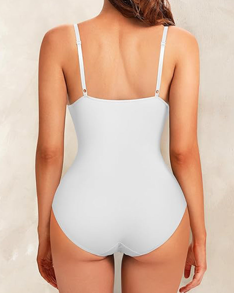 Deep V-Neck Smooth Tummy Control Bodysuits Shapewear with Built in Bra  - By Qivii