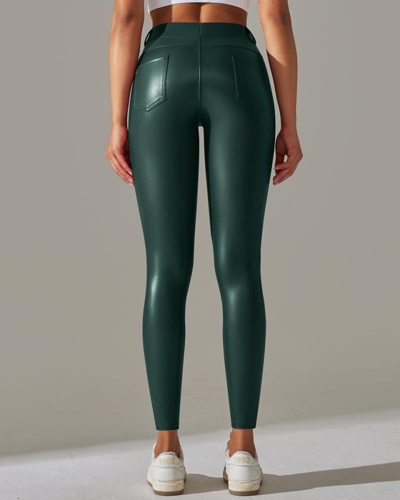 PU leather Pants High Waist Tight Sports Yoga Pants Slim  - By Qivii