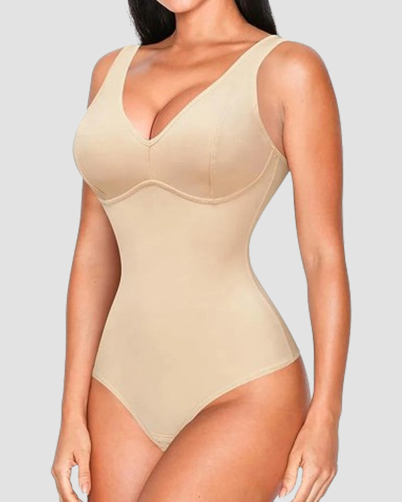 Tummy Control Slim Body Shaper Deep V-Neck Thong Bodysuits  - By Qivii