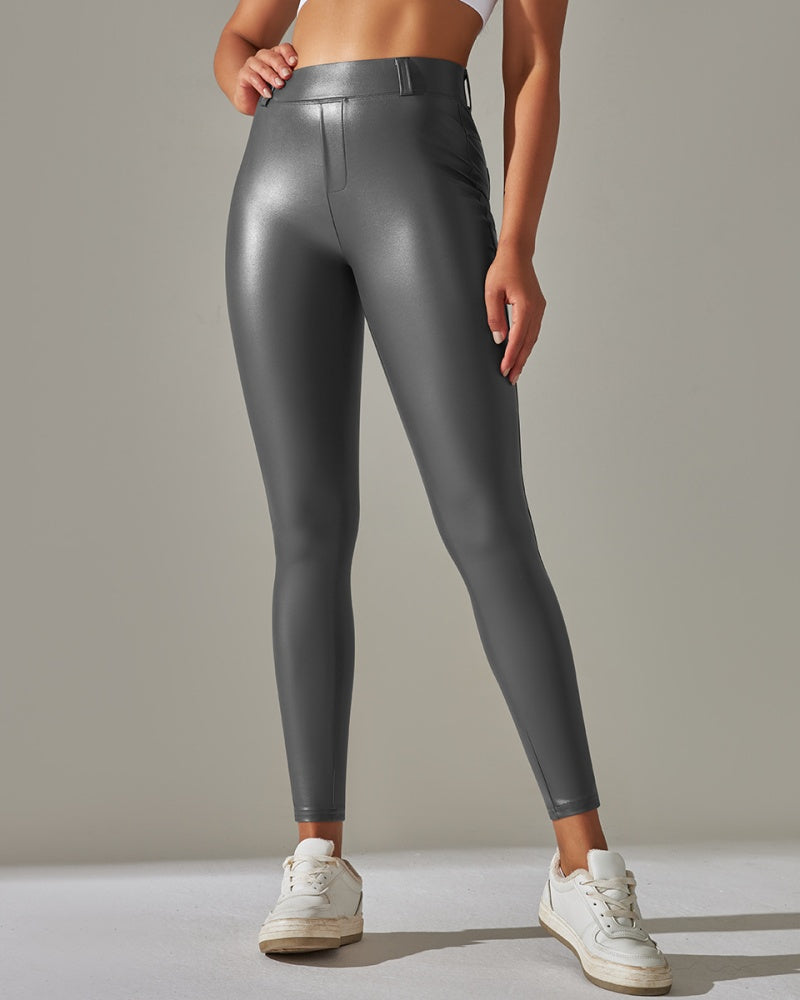 PU leather Pants High Waist Tight Sports Yoga Pants Slim  - By Qivii
