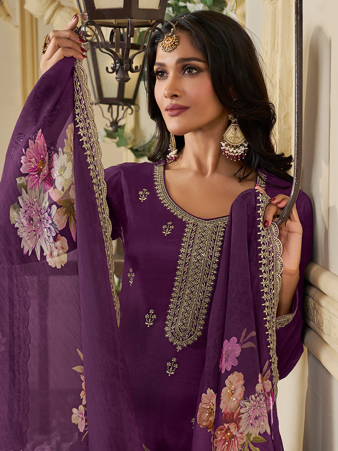 Purple Munga Silk Embroidered Top with Matching Trouser and Digital Print Dupatta - qivii