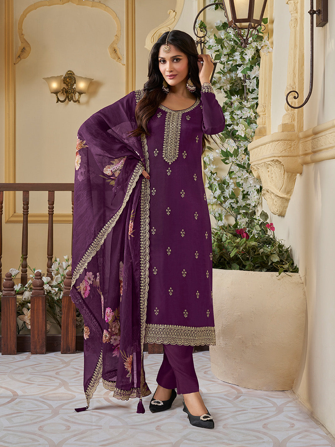 Purple Munga Silk Embroidered Top with Matching Trouser and Digital Print Dupatta - qivii