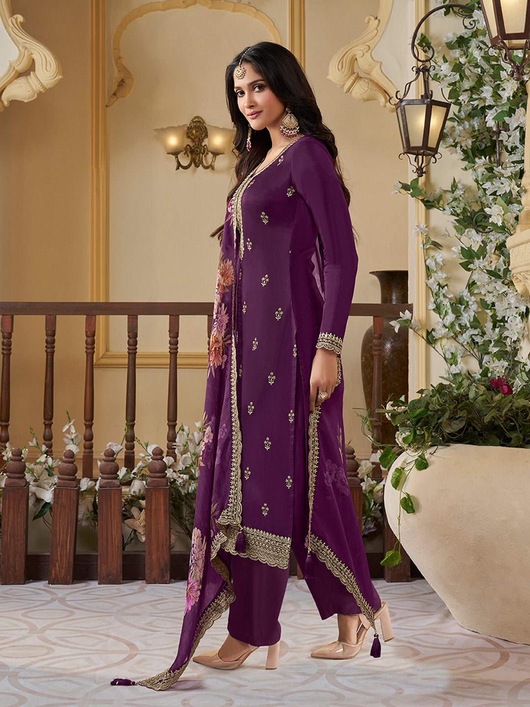 Purple Munga Silk Embroidered Top with Matching Trouser and Digital Print Dupatta - qivii