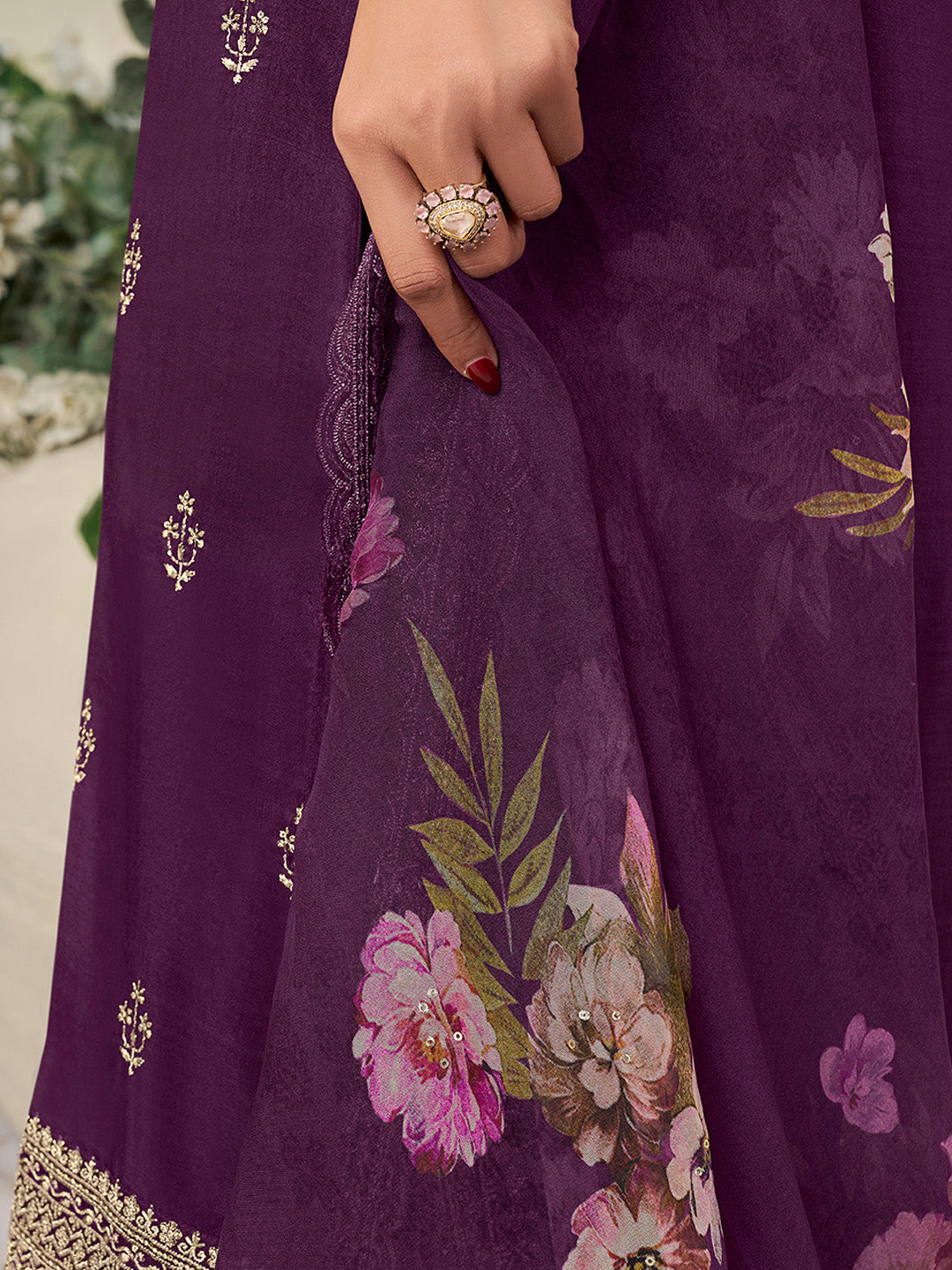 Purple Munga Silk Embroidered Top with Matching Trouser and Digital Print Dupatta - qivii