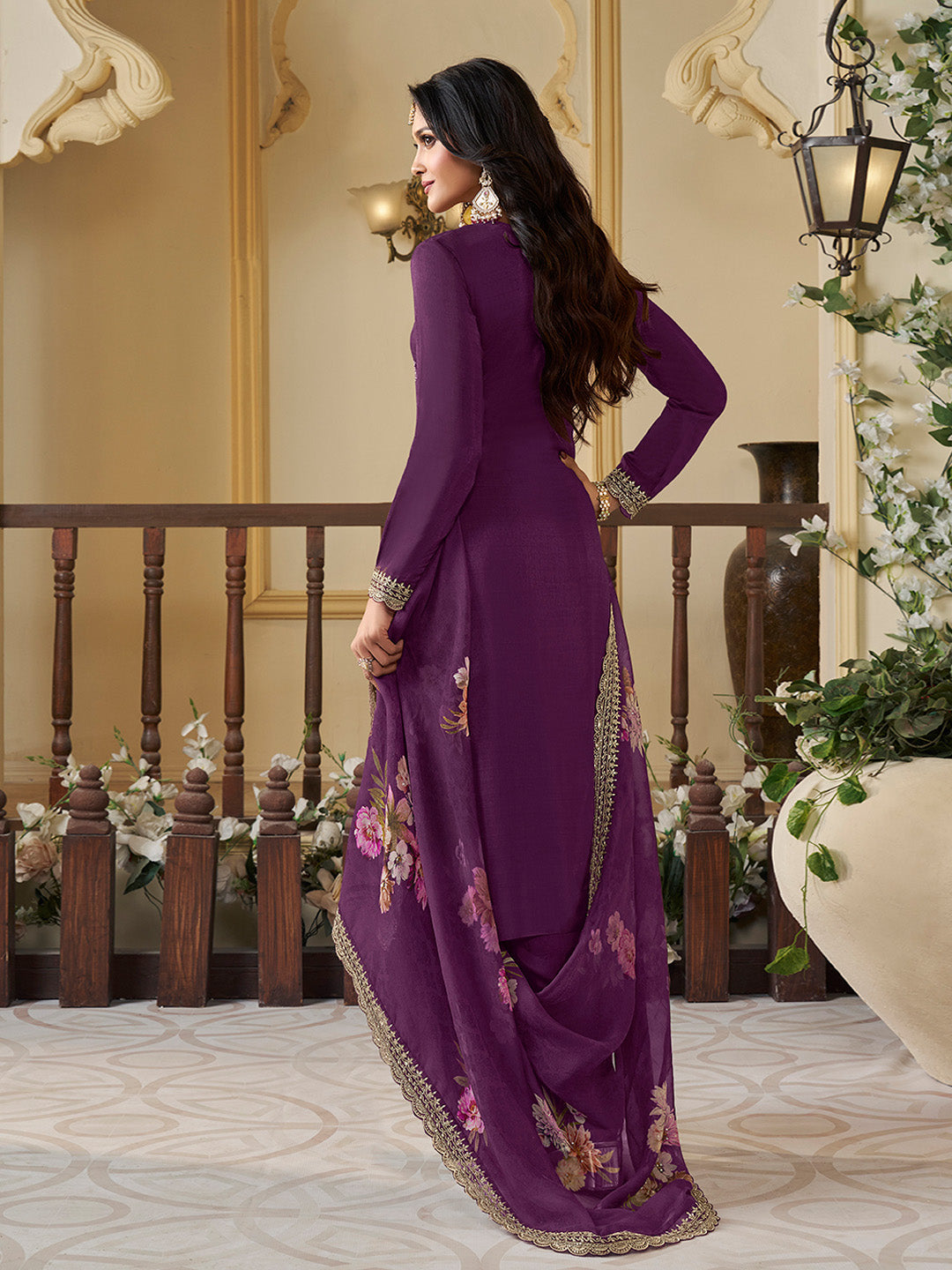 Purple Munga Silk Embroidered Top with Matching Trouser and Digital Print Dupatta - qivii
