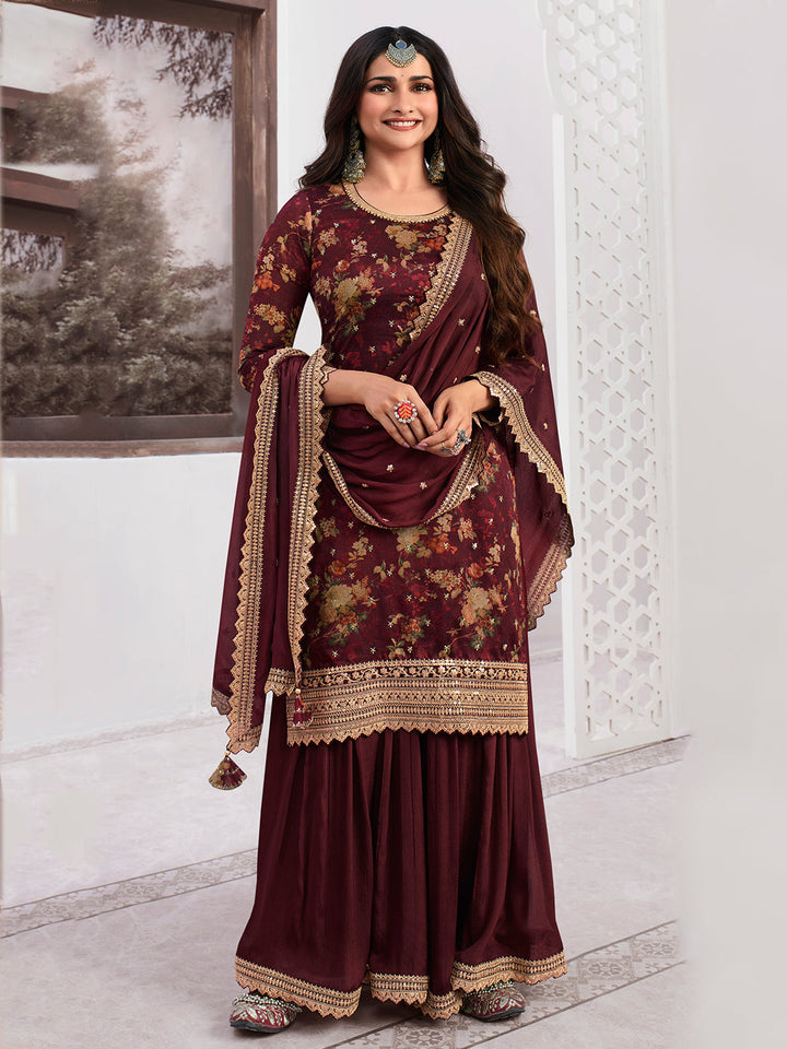 Maroon Printed with Embroidered Sharara Suit Set by Qivii