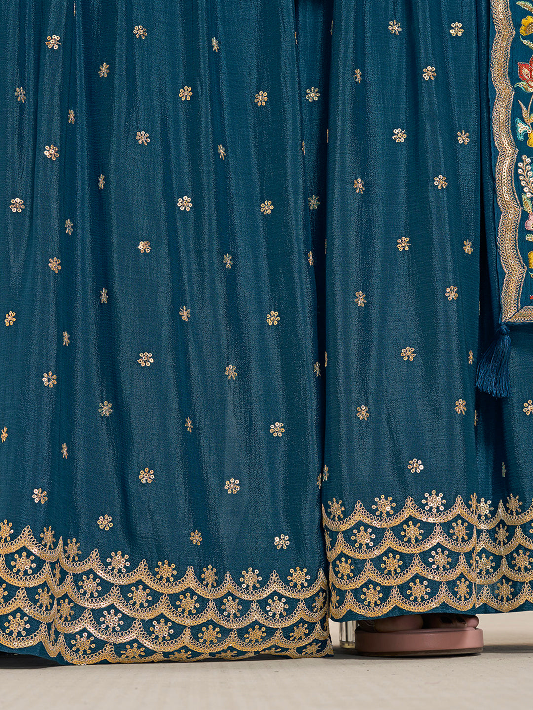 Blue Floral Embroidered Sharara Suit Set by Qivii