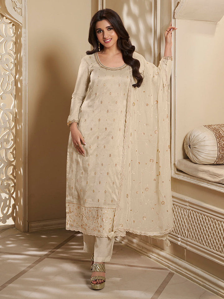 Off White Dola Jacquard Kurta Suit Set with Embroidered with Thread and Sequins Work by Qivii