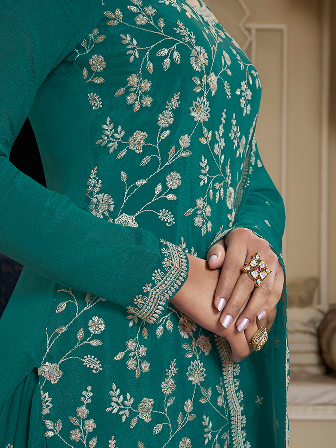 Turquoise Floral Pattern, Thread and Sequins Embroidered Sharara Suit Set - qivii