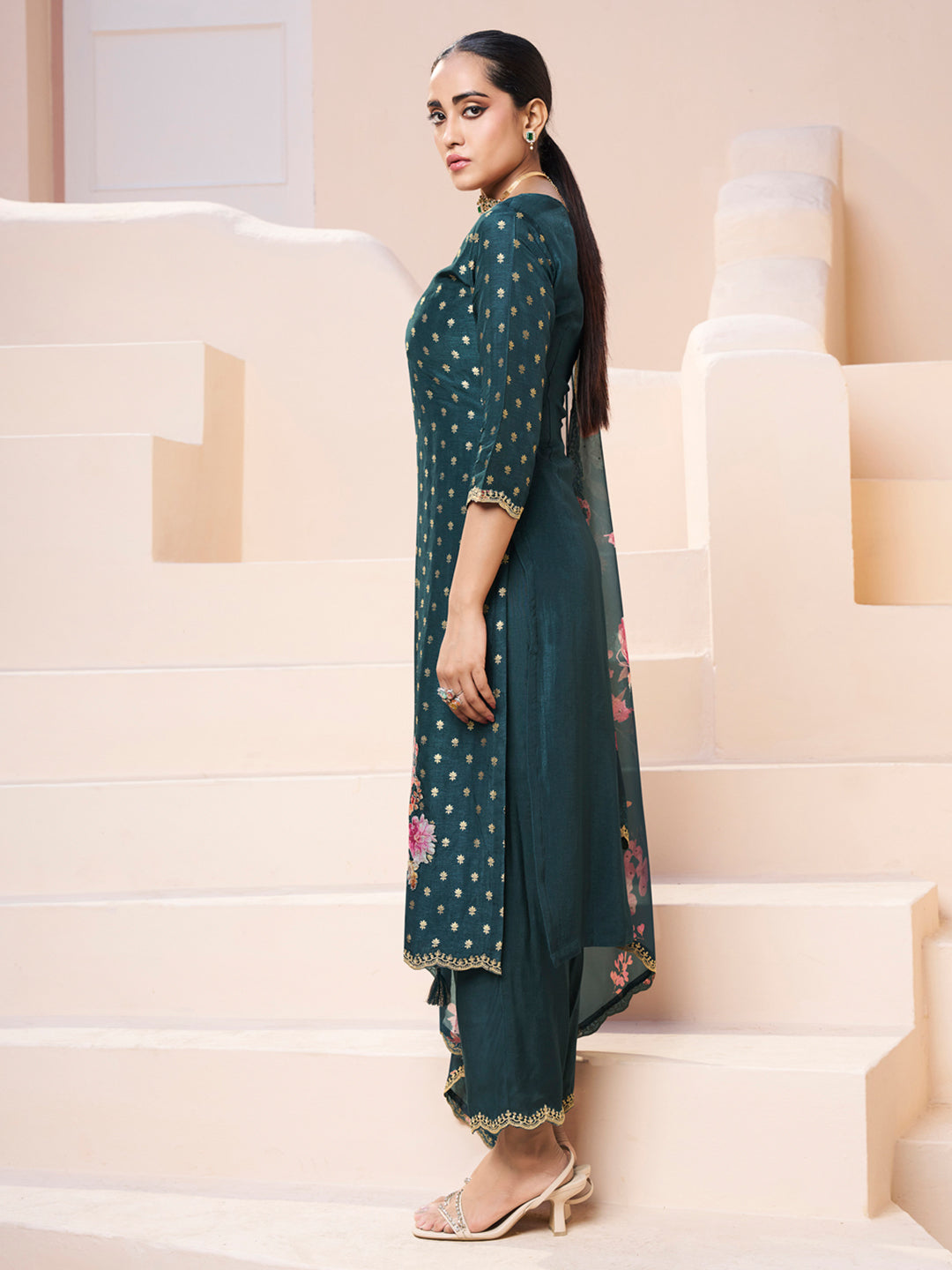 Dark Teal Green Applique Jacquard Kurta with Floral Print Dupatta by Qivii