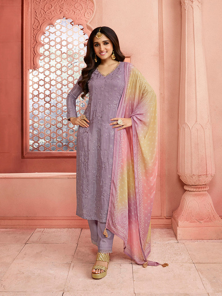 Lilac Full Jaal Thread Embroidery kurta Suit set with Bandhni Print Gradient Dupatta by Qivii