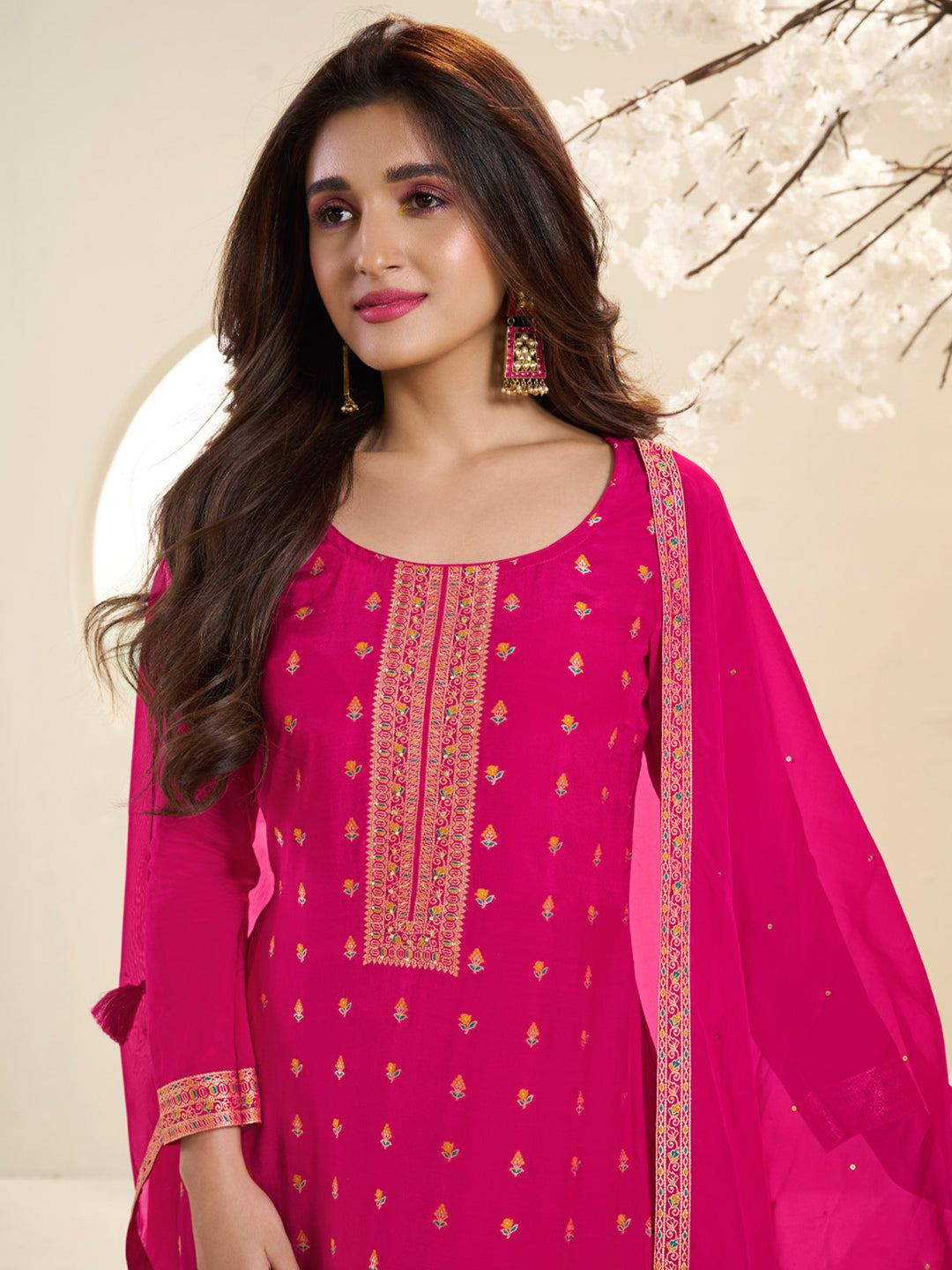 Hot Pink Muslin Jacquard Kurta Suit Set with Multi Contrast Thread Weave and Paisley Pattern Daman by Qivii