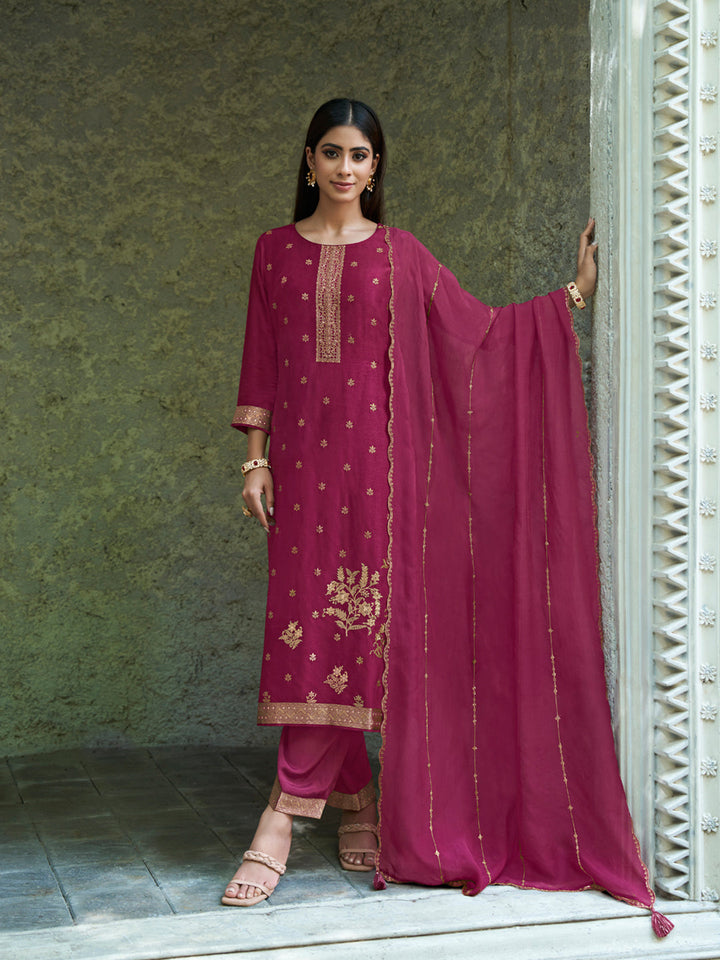 Light Wine Exquisite Placement Weaving Kurta Suit Set by Qivii