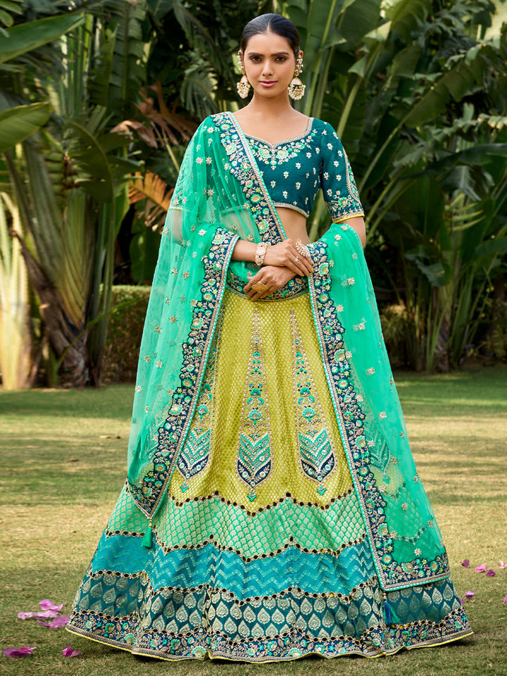 Yellow Silk Teal-Pista Embroidered Patch,Cut Work Semi Stitched Lehenga Choli