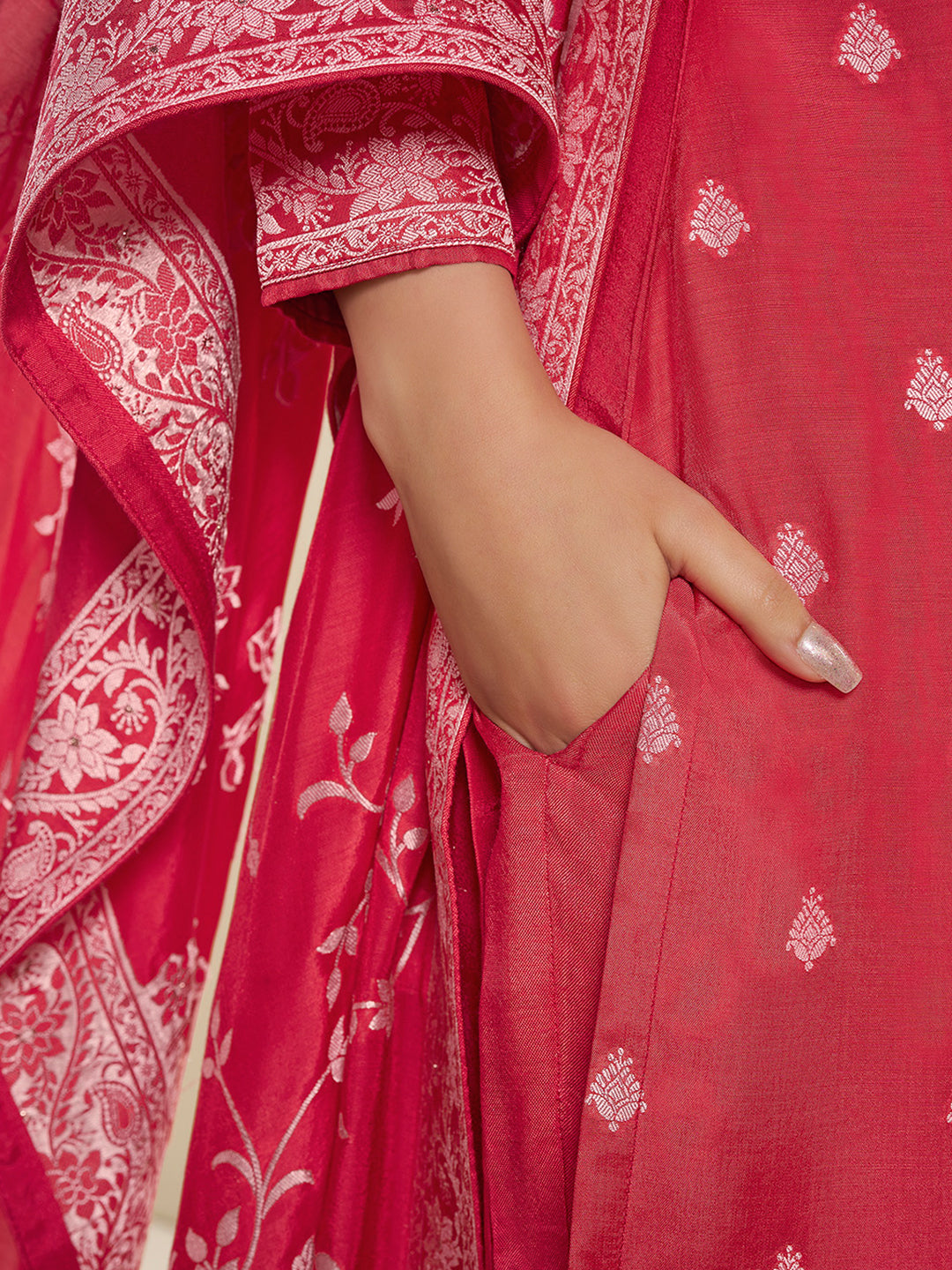 Muslin Jacquard Amaranth Kurta Suit Set with White Thread Weave with Handcrafted Buttons