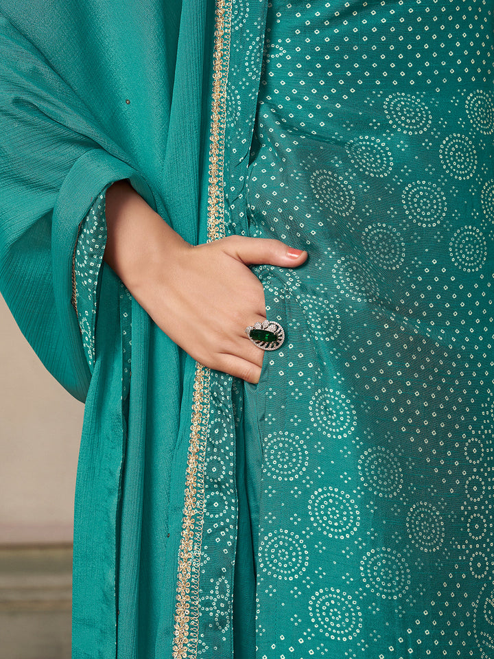 Turquoise Dola Bandhni Printed with Embroidery Kurta Suit Set