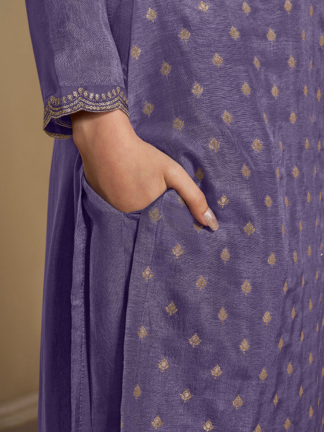 Lavender Dola Jacquard Kurta Suit Set with Embroidered with Thread and Sequins Work by Qivii