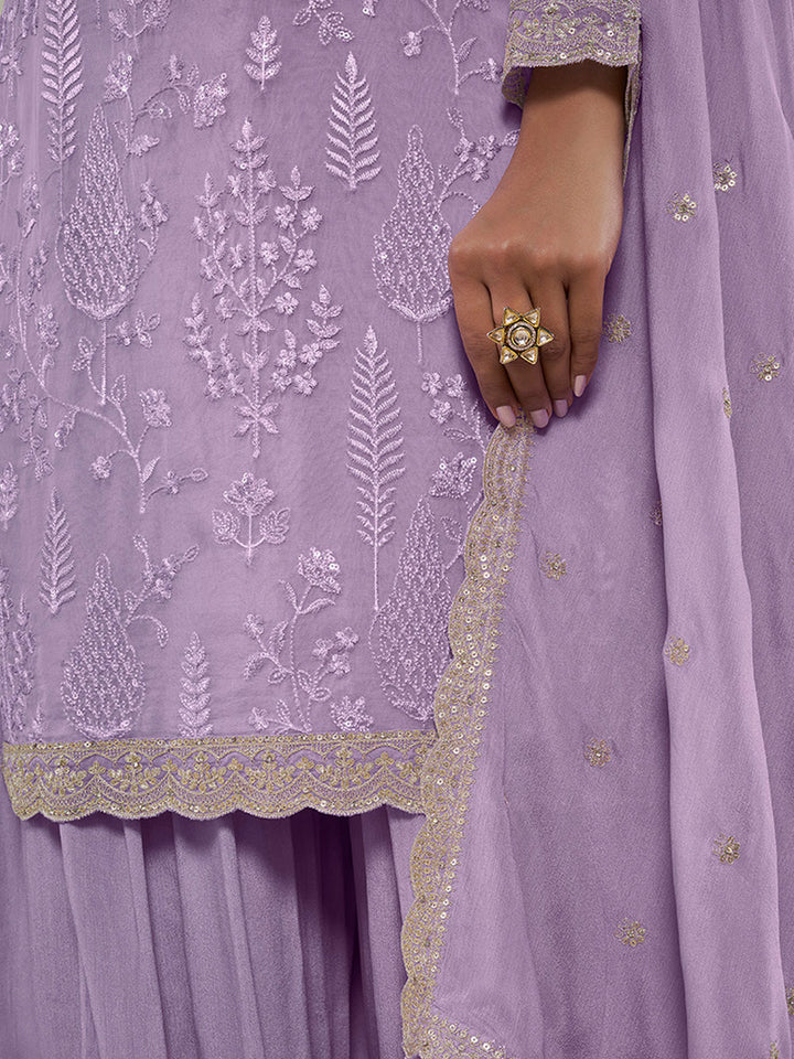 Lavender Floral Pattern, Thread with Sequins & Zari Embroidered Sharara Suit Set by Qivii