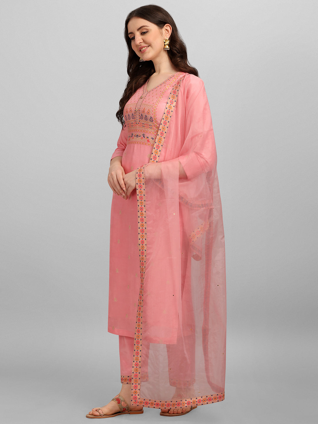 Peachish Pink Meena Jacquard Kurta Suit Set by Qivii