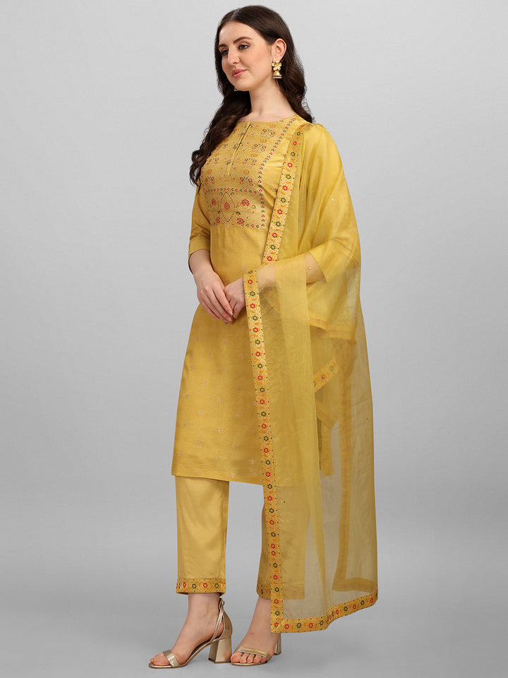 Yellow Meena Jacquard Kurta Suit Set by Qivii