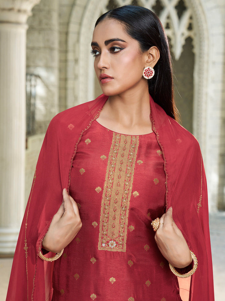 Scarlet Red Rose Exquisite Placement-Weaving Kurta Suit Set by Qivii