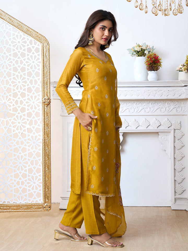 Mustard Yellow Cutwork Neckline Dola Silk Kurta Suit Set with Floral Aplique Dupatta by Qivii