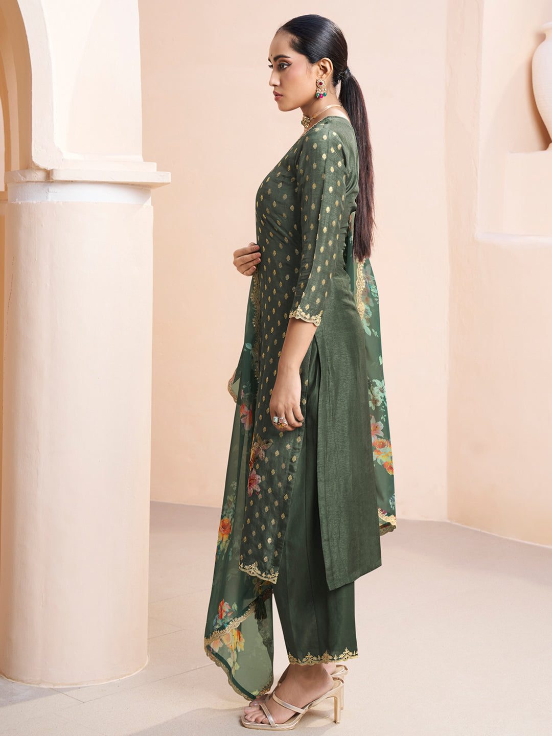 Women's Cotton Kurta Set - Dark Olive Green Applique Jacquard Kurta with Floral Print Dupatta by Qivii