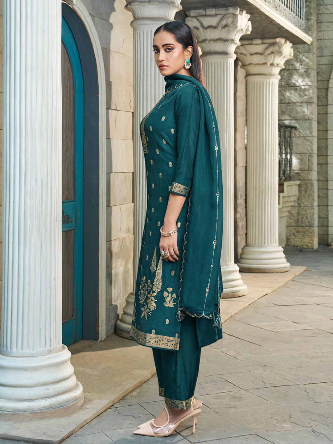 Exquisite Dark Teal Green Jacquard Kurta Suit by Qivii