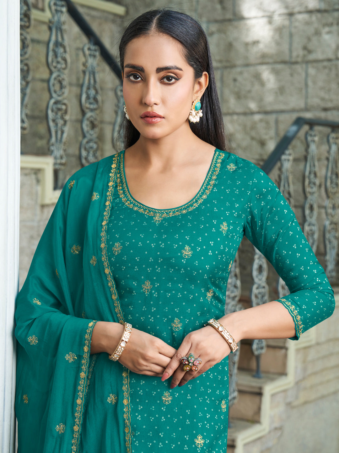 Digital Bandhni Printed Kurta with Trouser & Scalloped Dupatta by Qivii