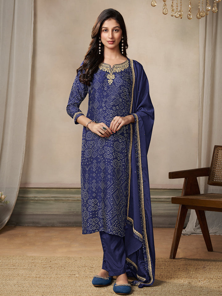 Blue Dola Bandhni Printed with Embroidery Kurta Suit Set