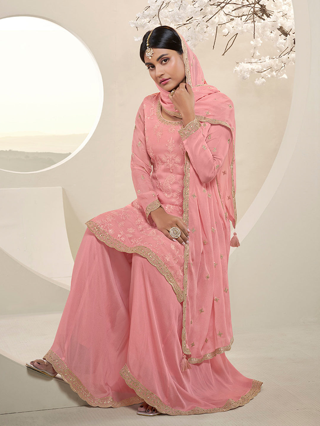 Peach Pink Floral Pattern, Thread with Sequins & Zari Embroidered Sharara Suit Set by Qivii