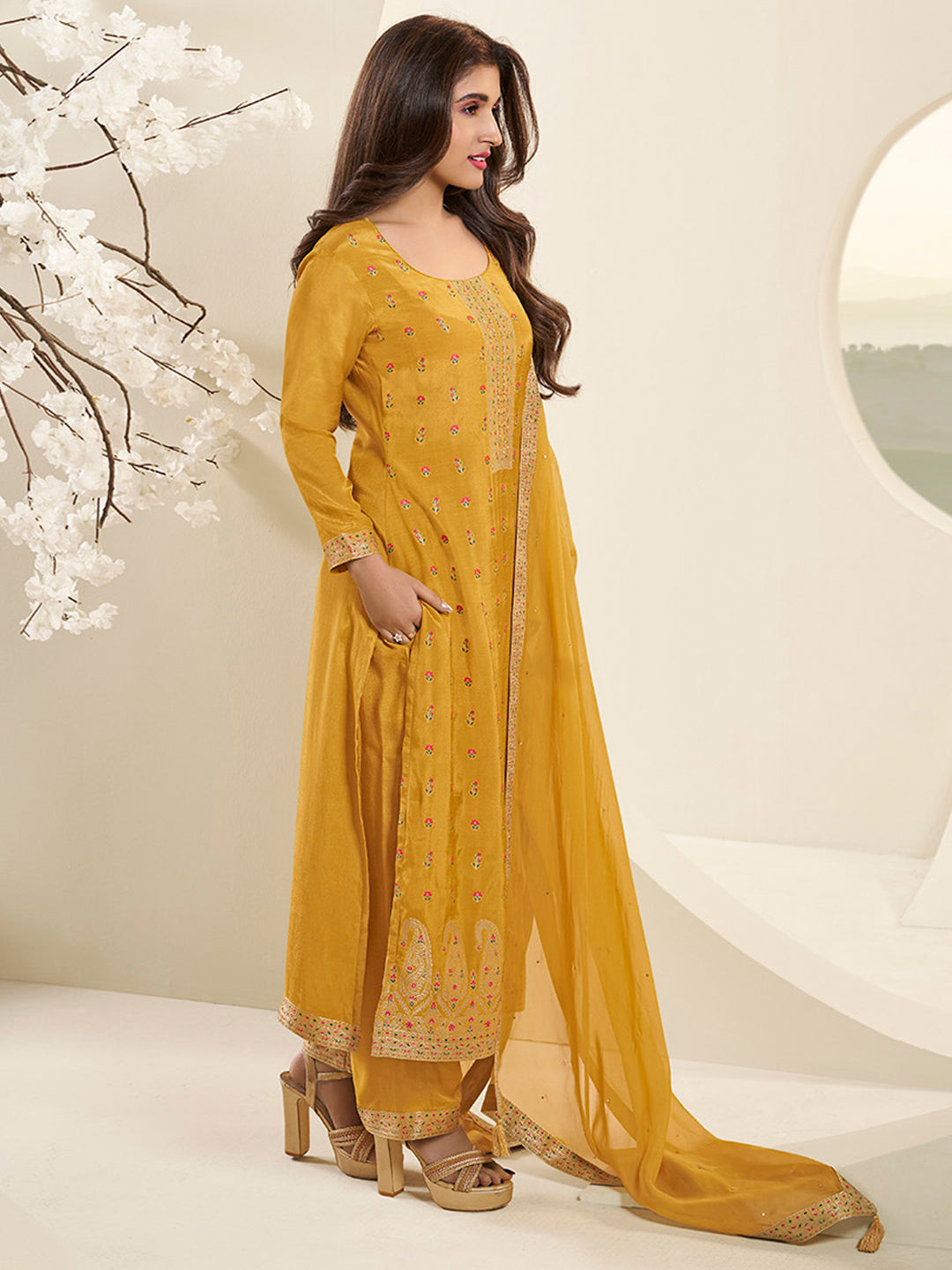 Amber Yellow Muslin Jacquard Kurta Suit Set by Qivii