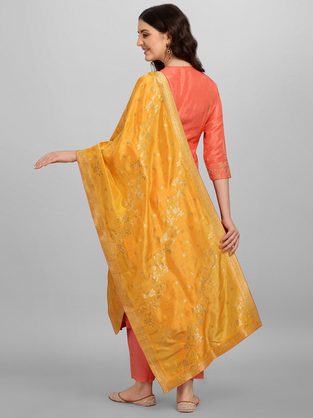 Orange Meena Jacquard Kurta Suit Set by Qivii