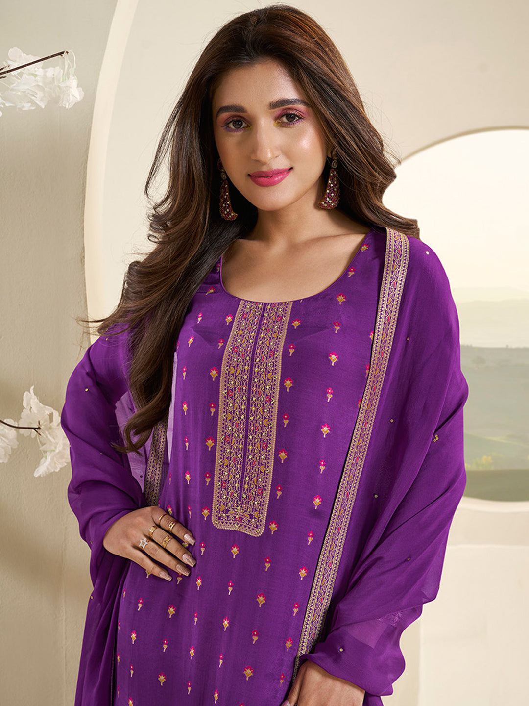 Midnight Purple Muslin Jacquard Kurta Suit Set with Multi Contrast Thread Weave and Paisley Pattern Daman by Qivii