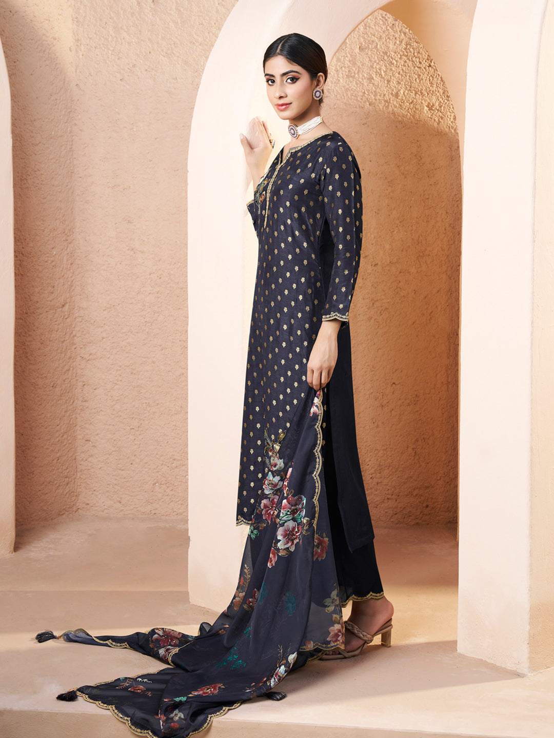 Dark Blue Black Applique Jacquard Kurta with Floral Print Dupatta by Qivii