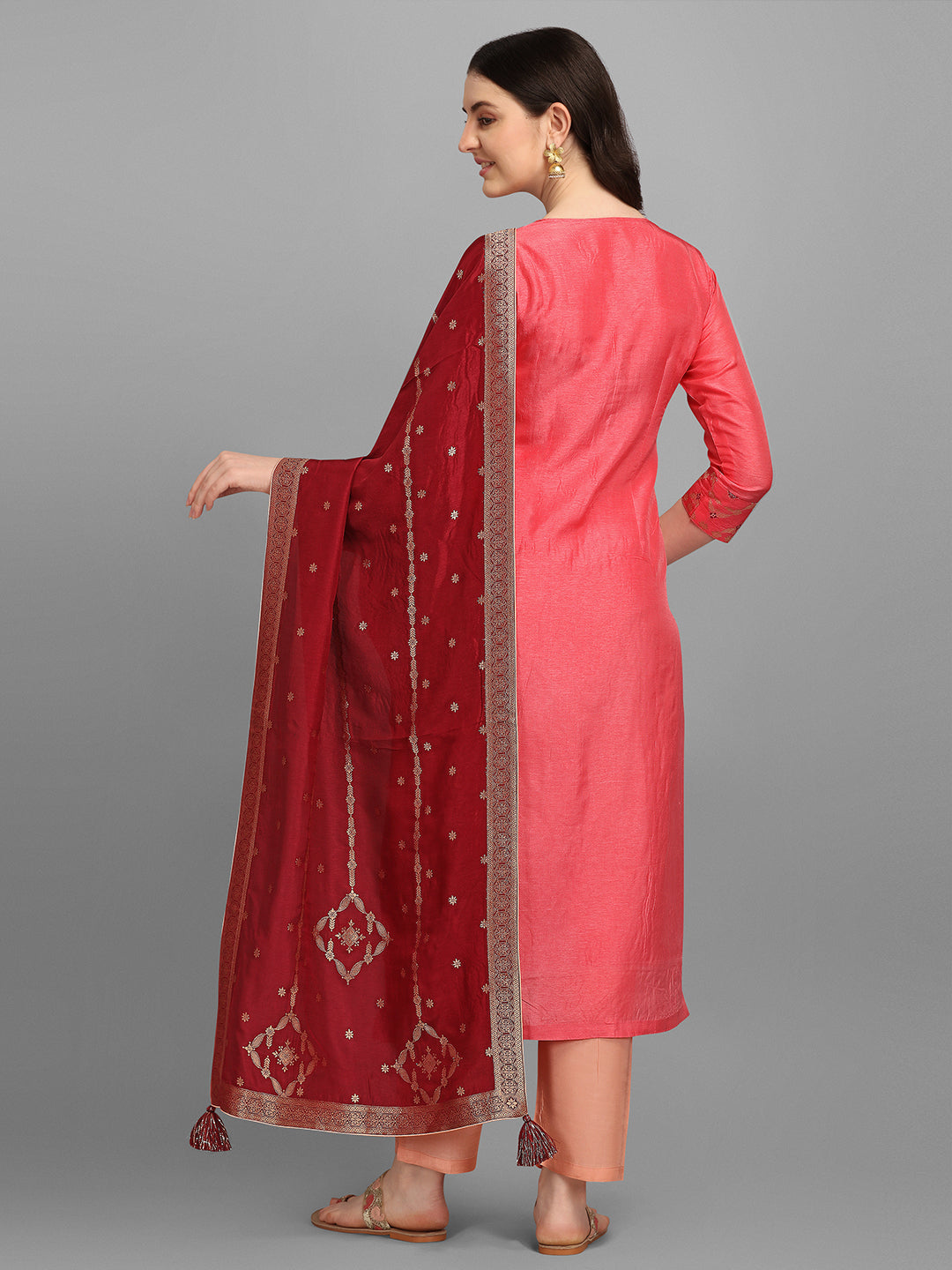 Pink Meena Jacquard Kurta Suit Set by Qivii