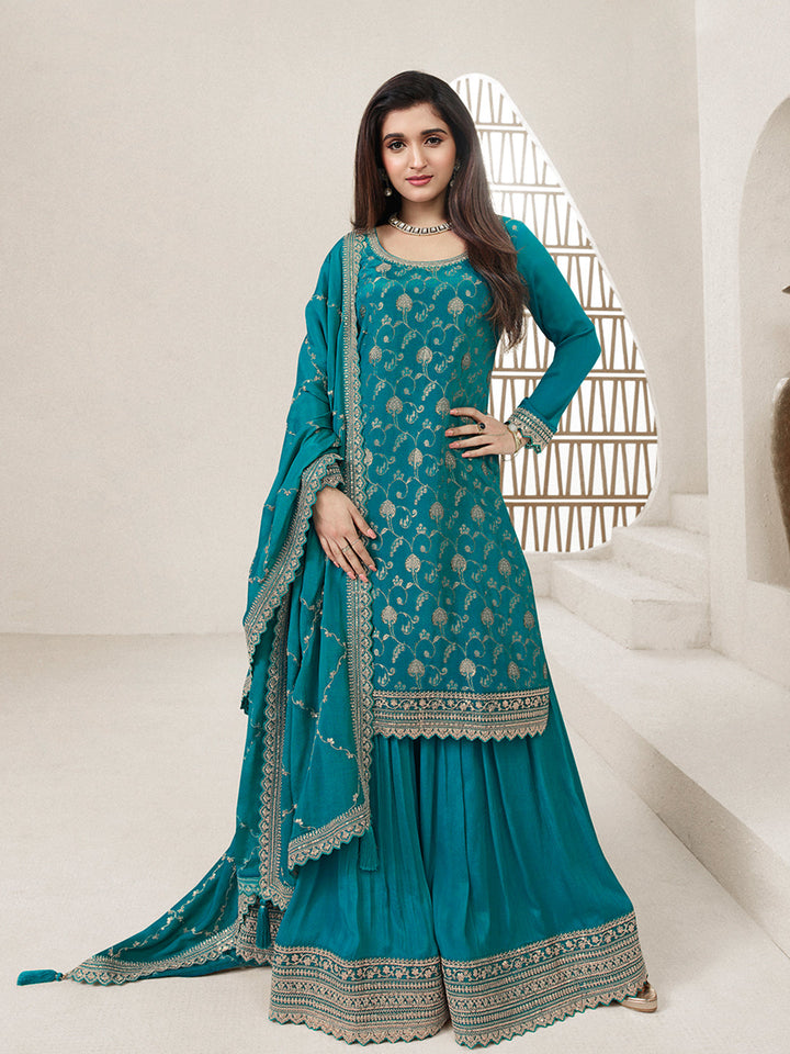 Rama Green Jacquard with Embroidery Sharara Suit Set by Qivii