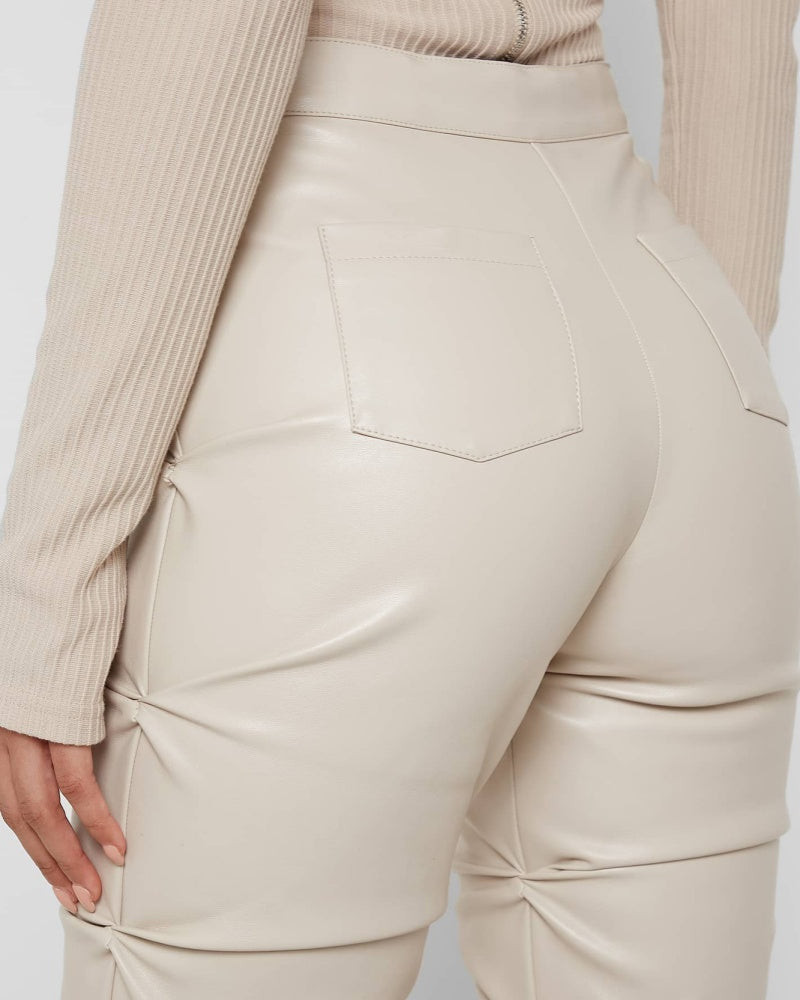 PU Leather Personalized Pleated Flared Pants  - By Qivii