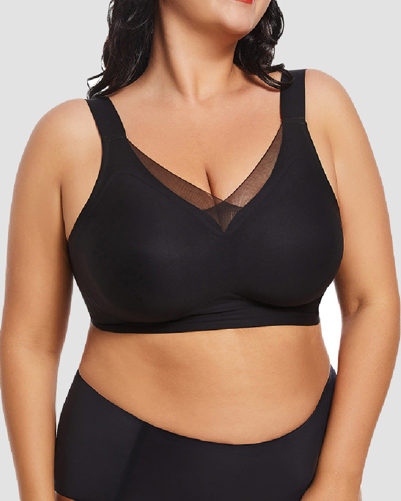 Wireless Mesh V Neck Invisible No Underwire Comfort Smooth Everyday Bra  - By Qivii